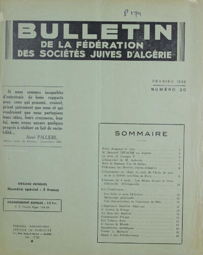 Bulletin de la Fédération des sociétés juives d’Algérie  V°03 N°20 (01/02/1936)
